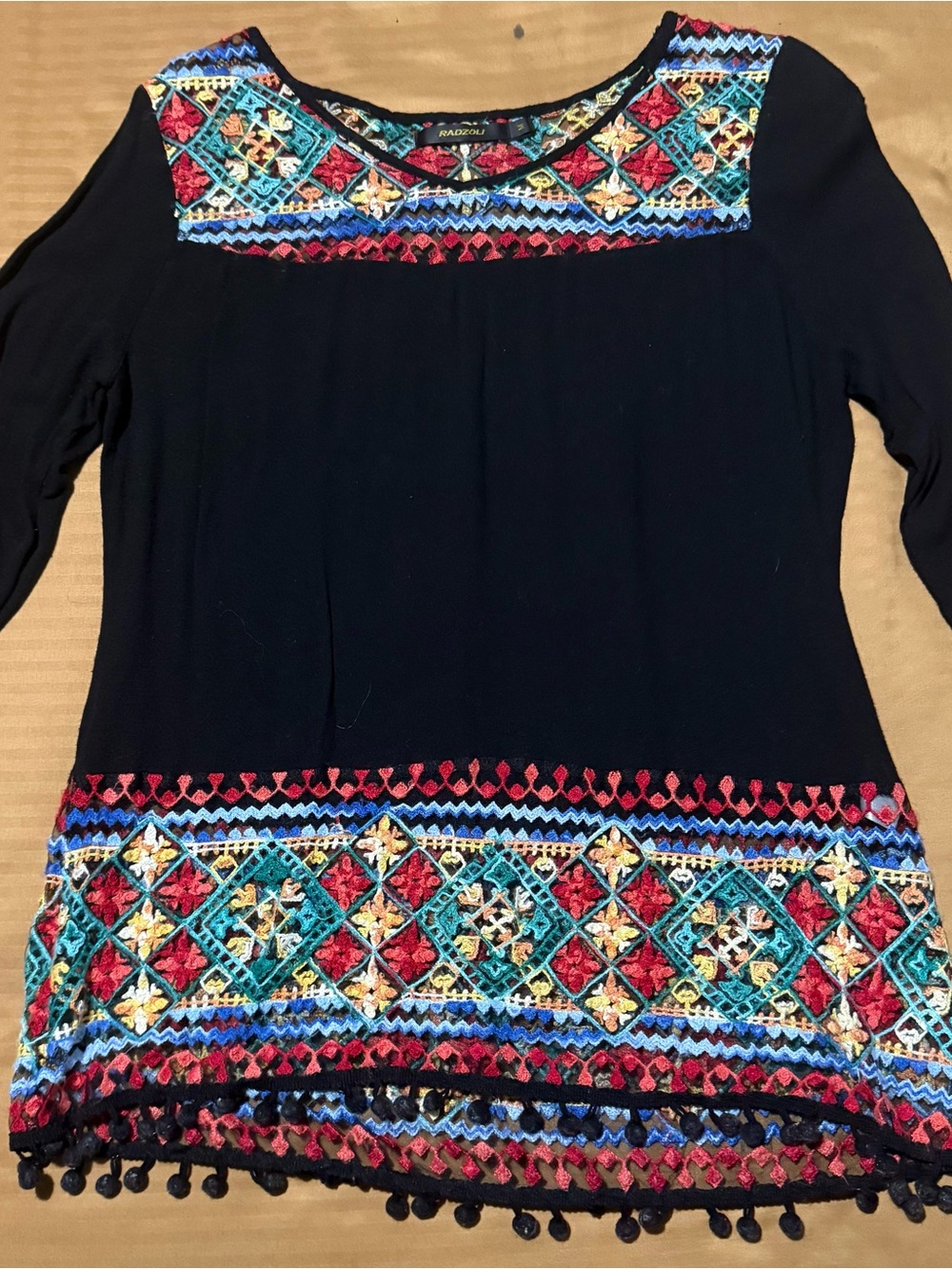 Radzoli Embroidered Boho Tunic Blouse Black Multicolor Size M